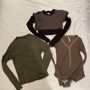 Set of 3 Vintage Inspired Long Sleeve Tops - Olive, Brown, and Black